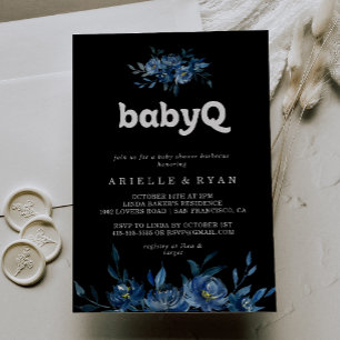 ロイヤルネイビーブルーの花柄BabyQベビーシャワーバーベキュー 招待状