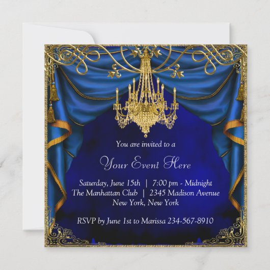 ロイヤルネイビーブルーゴールドシャンデリアパーティー招待状 招待状 (裏面)
