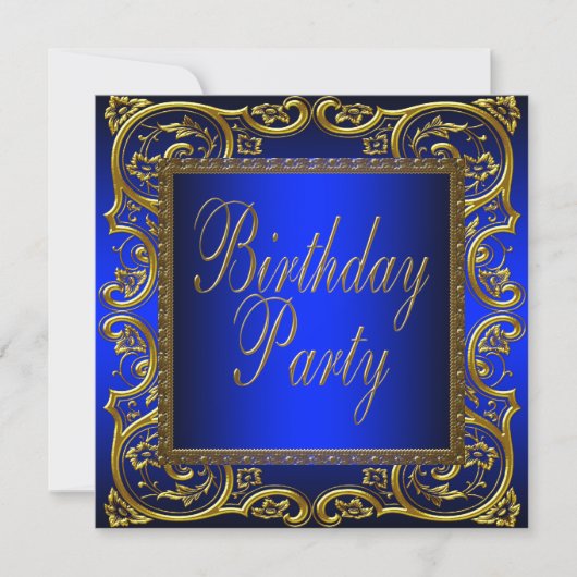 ロイヤルネイビーブルー ゴールド 誕生日パーティー 招待状 (正面)