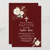 ロイヤルバーガンディーゴールドホワイトフラワーガール洗礼 招待状 (正面/裏面)