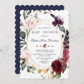 ロイヤルバーガンディーブラッシュフラワーズブルーゴールドウェディング 招待状 (正面/裏面)