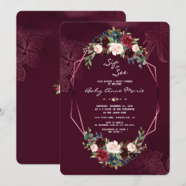 ロイヤルバーガンディーブラッシュフラワーベビーシャワーパーティー 招待状