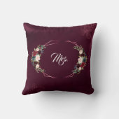 ロイヤルバーガンディ フローラル ジオメトリック ウェディング クッション (裏面)