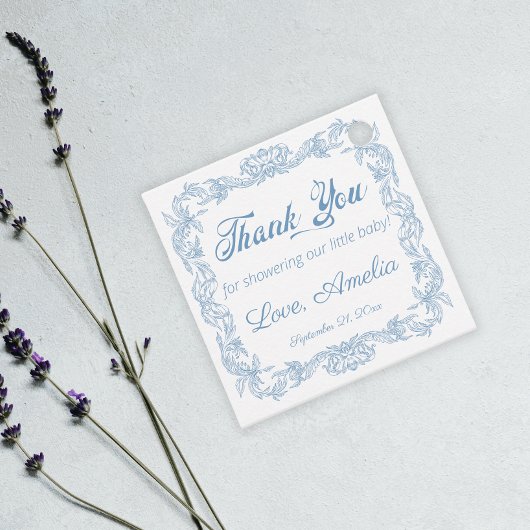 ロイヤルパウダーブルー バロック フィリグリー ベビーシャワー フェイバータグ