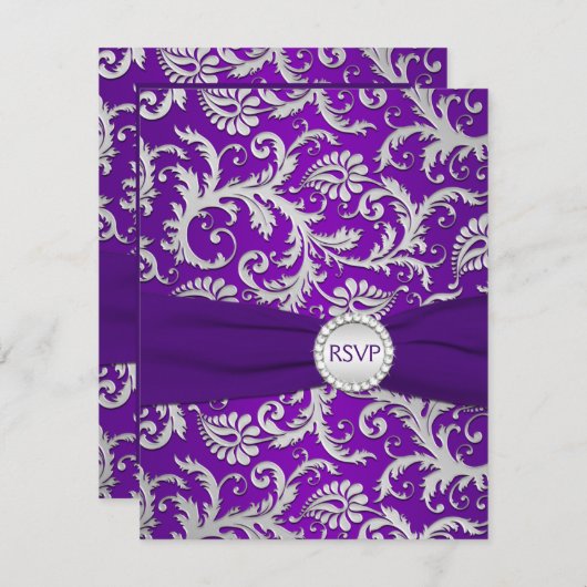 ロイヤルパープルとシルバーのダマスク柄の返信カード 出欠カード (正面/裏面)