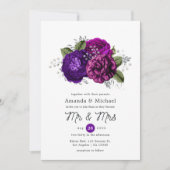 ロイヤルパープルとシルバーの花柄ウェディング 招待状 (正面)