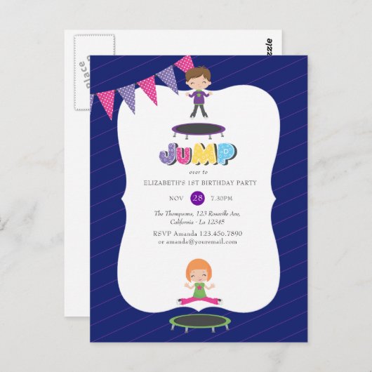 ロイヤルパープルとブルーのトランポリンバースデーパーティー ポストカード (正面/裏面)
