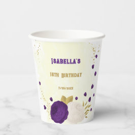 ロイヤルパープルと白い花のゴールド 紙コップ