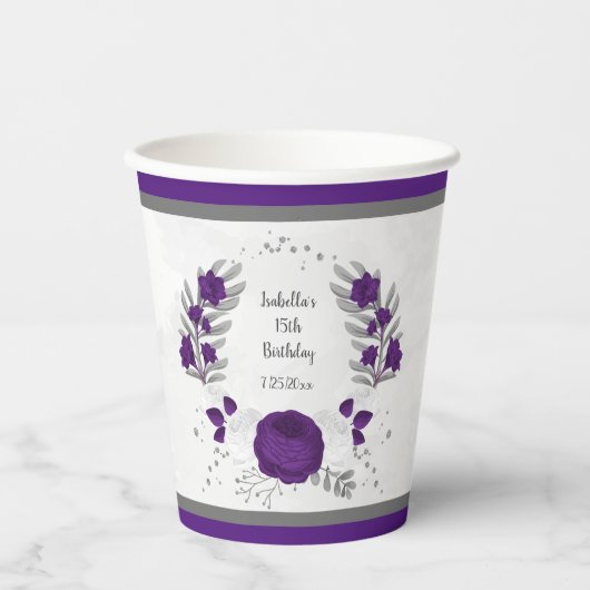 ロイヤルパープルと白い花のシルバーリース 紙コップ (正面)