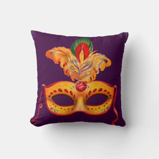 ロイヤルパープルと黄色の羽根のマスカレードマスク クッション (正面)