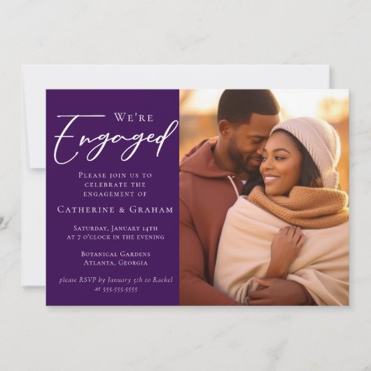 ロイヤルパープルのカップル写真エンゲージメント 案内状 (正面)