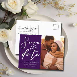 ロイヤルパープルのカップル写真 エレガントなSave the Photo 案内ポストカード