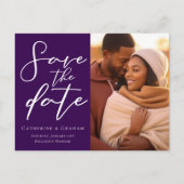 ロイヤルパープルのカップル写真 エレガントなSave the Photo 案内ポストカード (正面)