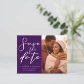 ロイヤルパープルのカップル写真 エレガントなSave the Photo 案内ポストカード (スタンド正面)