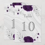 ロイヤルパープルのシルバー花模様テーブルナンバー 招待状 (正面/裏面)