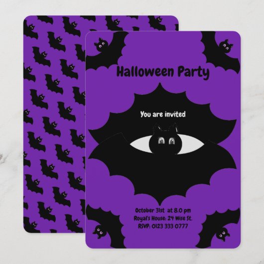 ロイヤルパープルのハロウィンバット 招待状 (正面/裏面)