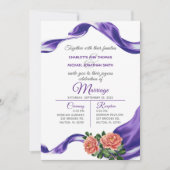 ロイヤルパープルのリボンと花の結婚式招待状 招待状 (正面)