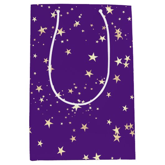 ロイヤルパープルの背景に金色の星 ミディアムペーパーバッグ (正面)