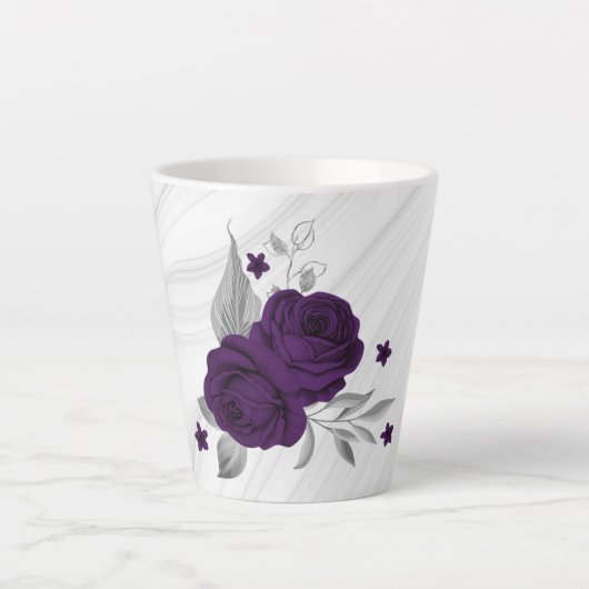 ロイヤルパープルの花とシルバーの葉の大理石 カフェラテマグ (正面)