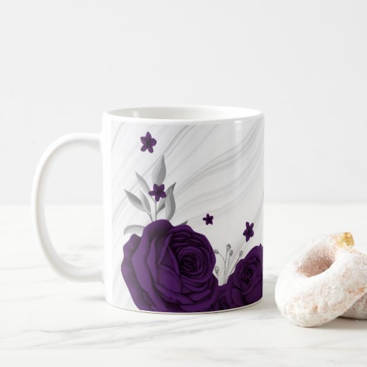 ロイヤルパープルの花とシルバーの葉の大理石 コーヒーマグカップ (ドーナツ)