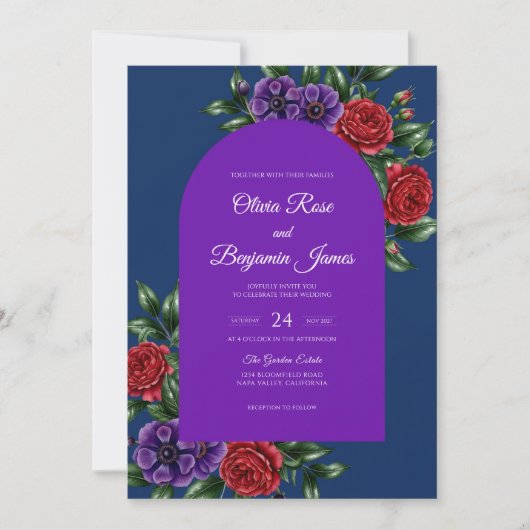 ロイヤルパープルの薔薇の結婚式 招待状 (正面)