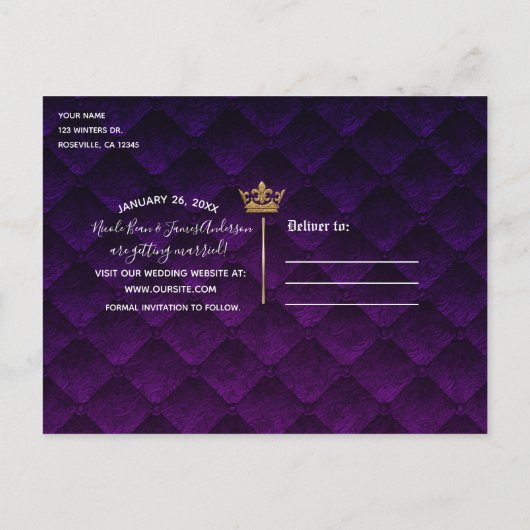 ロイヤルパープルゴールドのドレープスクロール結婚式の招待状 案内ポストカード (裏面)