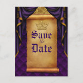 ロイヤルパープルゴールドのドレープスクロール結婚式の招待状 案内ポストカード (正面)