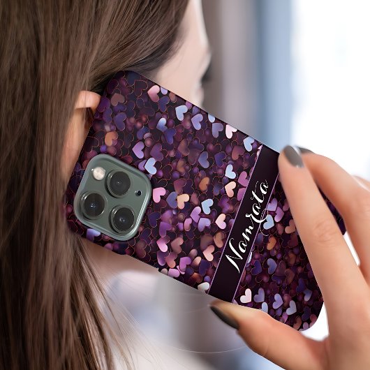 ロイヤルパープルピンクゴールドハートモノグラム iPhoneケース