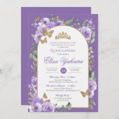 ロイヤルパープル水彩ゴールド蝶のキンセアニエラ 招待状 (正面/裏面)