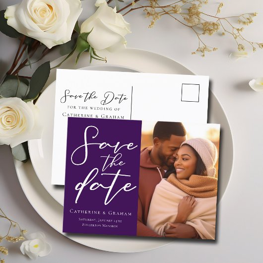 ロイヤルパープル カップル フォト エレガント 保存して写真 案内ポストカード