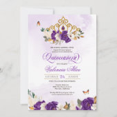 ロイヤルパープル ローズ バタフライ ゴールド ティアラ 15歳の誕生日 招待状 (正面)