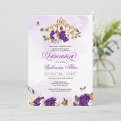 ロイヤルパープル ローズ バタフライ ゴールド ティアラ 15歳の誕生日 招待状 (スタンド正面)