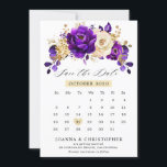 ロイヤルパープル ヴィオレット ゴールド カレンダー セーブ・ザ・デート<br><div class="desc">エレガントなロイヤルパープルとゴールドをテーマにしたカレンダー セーブ・ザ・デートカード。豪華なロイヤルパープル、インディゴ、ゴールド、黄色のバラの花束とユーカリの葉が特徴です。カスタマイズのご相談や、このデザインの他の商品が必要な場合は、お気軽にお問い合わせください。</div>