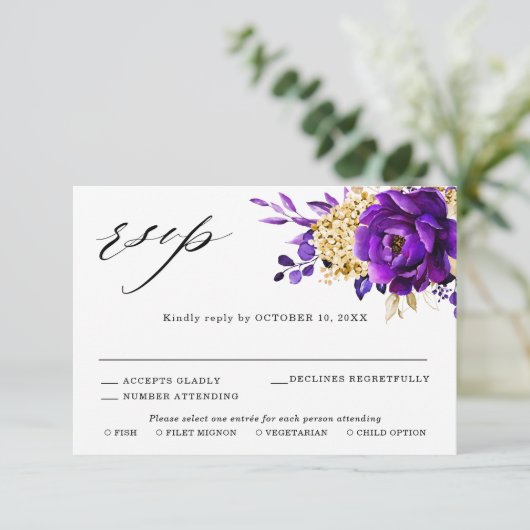 ロイヤルパープル ヴィオレット ゴールド フローラル ボタニカル ウェディング 出欠カード (スタンド正面)