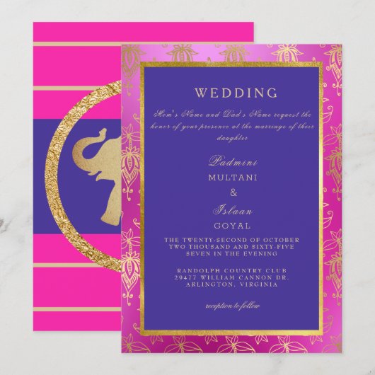 ロイヤルピンクとブルーのカラフルな結婚式の招待状 招待状 (正面/裏面)