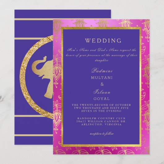 ロイヤルピンクとブルーのカラフルな結婚式招待状 招待状 (正面/裏面)