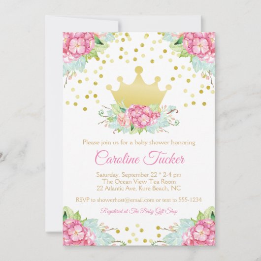 ロイヤルピンクゴールドプリンセス フローラルベイビーシャワー 招待状 (正面)