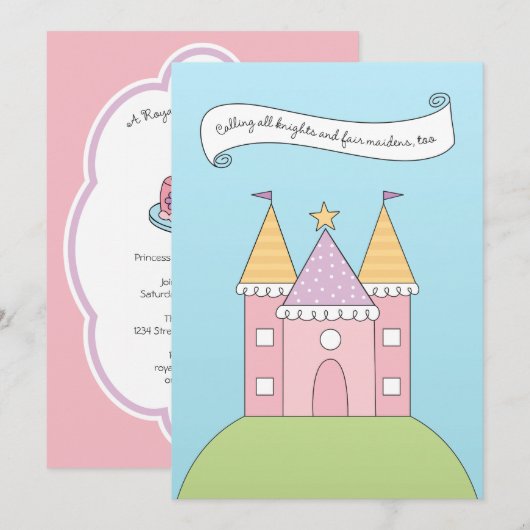 ロイヤルピンクプリンセス城の誕生日パーティー 招待状 (正面/裏面)