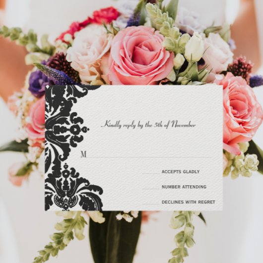 ロイヤルブラックダマスク結婚式RSVP 出欠カード
