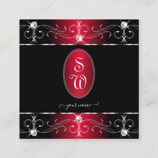 ロイヤルブラックレッド華美オーナメントズイニシャル スクエア名刺 (正面)