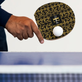 ロイヤルブラック&ゴールドダマスクフラワーペルソナライズドネーム 卓球ラケット