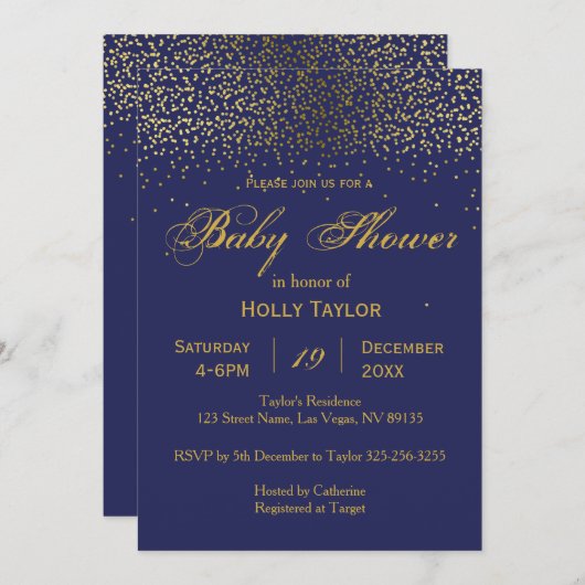 ロイヤルブルーおよび金ゴールドのベビーシャワーの招待状 招待状 (正面/裏面)