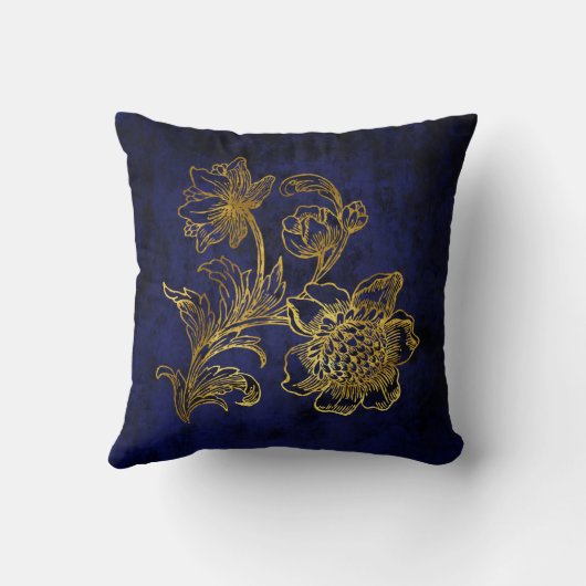 ロイヤルブルーおよび金ゴールドの花柄の装飾用クッション クッション (裏面)