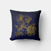 ロイヤルブルーおよび金ゴールドの花柄の装飾用クッション クッション (正面)