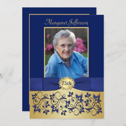ロイヤルブルーおよび金ゴールド第75の写真の誕生日の招待状 招待状 (正面/裏面)
