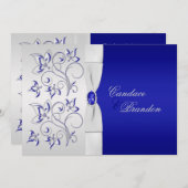 ロイヤルブルーおよび銀製の花の結婚式招待状 招待状 (正面/裏面)