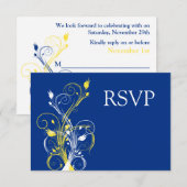 ロイヤルブルーとイエローとホワイトの花の結婚式出欠確認カード 招待状 (正面/裏面)