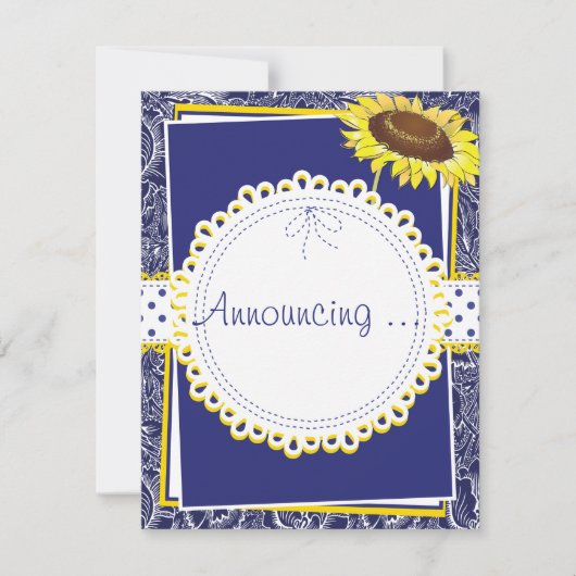 ロイヤルブルーとイエローのひまわりエンゲージメント 案内状 (正面)