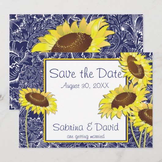 ロイヤルブルーとイエローのひまわり Save the Date 招待状 (正面/裏面)