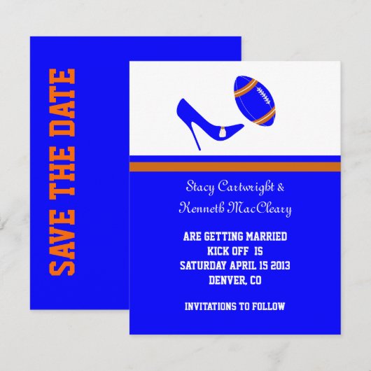 ロイヤルブルーとオレンジのフットボール・セーブ・ザ・デート 招待状 (正面/裏面)